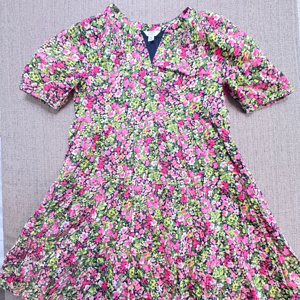 Crown & Ivy Pink Green Floral Tiered Cotton Mini Dress V-Neck Puff Sleeve XS